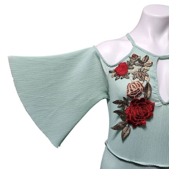 Vintage Carolina maxi dress green floral Embellished keyhole cutout bell Large - Picture 3 of 9